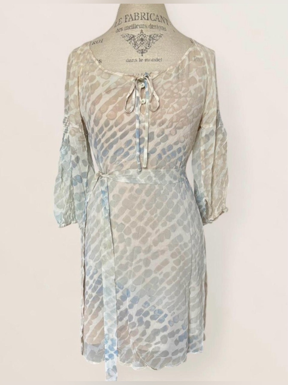 Club Monaco Sheer Neutral Multi-Tone Printed Tie-Neck Mini Dress w/ Slip